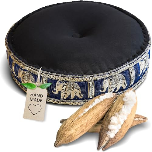 livasia Meditationskissen mit Thaiseide - Ø 45x15cm - Yogakissen mit Kapok, Pouf, Bodenkissen für Yoga und Zen Meditation, Sitzkissen für Garten und Balkon, Zafukissen (Schwarz/Blau/Elefanten Seide)