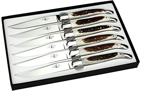 Forge de Laguiole - 6er Set Steakmesser - Griff Hirschhorn - Edles Steakbesteck - Stahl glänzend
