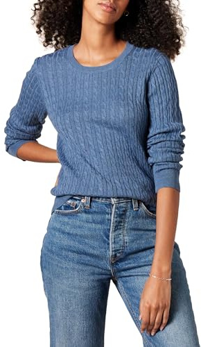 Amazon Essentials Pull Léger à Manches Longues en Maille Torsadée Femme, Bleu Chiné, S