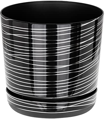 KORAD Modern Indoor Plant Pot – Small & Large Round Plastic Planter with Saucer – Black with Silver Stripes – Lightweight Decorative Pot with Drainage Holes for Succulents-(18 cm - 7 inch)