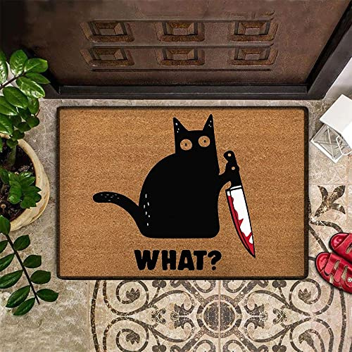 NA Paillasson Interieur Chat Noir Tenir Un Couteau Quel paillasson Chat drôle paillasson Amusant à l'intérieur à l'extérieur Tapis de Porte Avant Decoration Maison