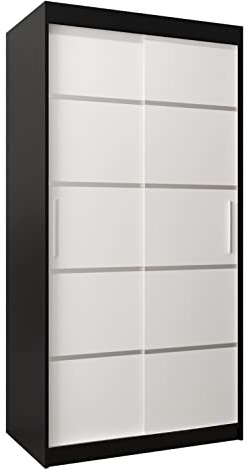 MEBLE KRYSPOL Schwebetürenschrank Verona 1 100 cm Kleiderschrank mit Kleiderstange und Einlegeboden Schlafzimmer- Wohnzimmerschrank Schiebetüren Modern Design (Schubladen: 0, Schwarz + Weiß)