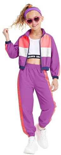 LOLANTA 3 pezzi vestiti hip hop per ragazze, tuta colorblock retrò anni '80, canotta corta, giacca con cerniera, pantaloni jogger, Rosa rossa, 12-13 anni, 170