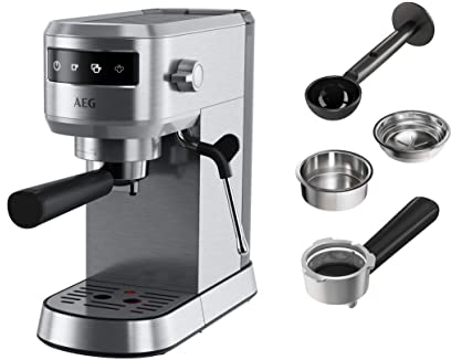 AEG EC6-1-6ST Espresso Siebträgermaschine/schmales Design/Thermoblock Technologie / 15 bar / 3 Einsätze für 1-2 Tassen & ESE Pads/Touch Bedienfeld/Milchschaumdüse / 1 l Wassertank/Edelstahl