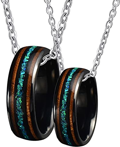 Epinki 2Pcs Halskette Paar Ring in Edelstahl, Opal Holz Ringe Anhänger Pärchen Kette Ring, Schwarz für Damen & Herren, Breite 8mm - Herrenkette 60cm, Damenkette 50cm