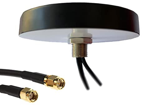 Antenna combinata a disco UniteCom 2in1, cavi da 1,5 m connettori maschio SMA/RP-SMA, 1 ingresso 4G/5G, 1 ingresso Wi-Fi Dual Band, filettatura e montaggio a vite con guarnizione adesiva impermeabile