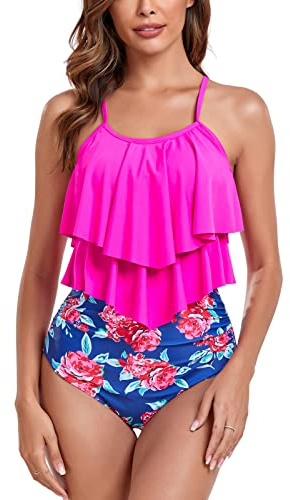 FLYILY Maillot de Bain Tankini pour Femme Haut Double à Volants Taille Haute Maillots de Bain 2 pièces Maillots de Bain(4-RoseRed,L)