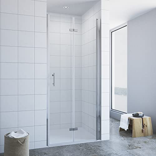 Duschtür klappbar faltbar Glas 70 x 195 cm Wandprofil Chromoptik Nischentür Falttür Dusche Pendeltür Schwingtür ohne Rahmen mit Magnetdichtung Duschtürdichtung unten 6 mm Klarglas NANO-Beschichtung