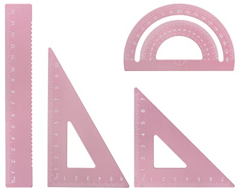 sourcing map 4Stk Geometrie Set 15cm Metrische Maßnahme Lasergravur Lineal | Aluminum Metall Lineal Set Dreieck Winkelmesser Lineal Werkzeug Set für Klassenzimmer Büro Hause Rosa