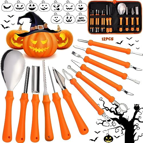 ZZQVIP 12 Pcs Pumpkin Carving Kit Profesional, 10 Plantillas para Tallar Calabazas, Bolsa de Nailon Resistente, Completo Kit Calabaza Halloween para DIY y Decoración Creativa de Halloween