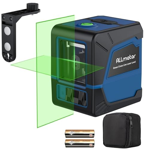 ALLmeter Green Cross Line Laser Level - 30.48m/100ft Range, Self-Leveling, 2 Lines Horizontal/Vertical, Magnetic Base, IP54, Includes AA Batteries & Oxford Pouch