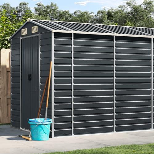 Homgoday Gerätehaus Geräteschuppen mit Satteldach Garten Schuppen Gartenhaus Metallschuppen Gartenschrank mit Lüftungsgittern für Garten Anthrazit 191x555x198 cm Verzinkter Stahl