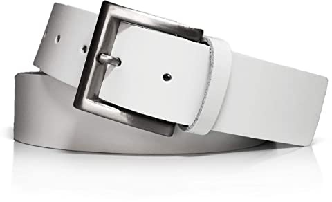 almela | Bälte herr läder | Bälte dam | 35mm & 40mm | Läderbälte | Kvinna och man | Herrbälte | Satin silver spänne | Men's and women's leather belts | Vit, 90