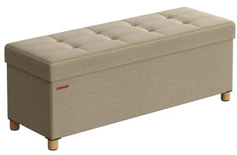 SONGMICS Sitzhocker mit Stauraum, klappbare Sitzbank mit Beinen, 38 x 110 x 40 cm Fußbank, Aufbewahrungsbox, bis 300 kg belastbar, für Wohnzimmer Schlafzimmer Flur, Kamelbraun LSF018K11