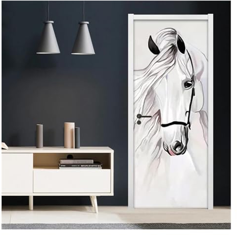 Türaufkleber Türtapete Türbilder Türposter Selbstklebende 3D-Türaufkleber, Handgemaltes Weißes Pferd, Abstrakte Kunst, Wandmalerei, Schlafzimmer, Arbeitszimmer, Tür, Wandbild, Tapete, Dekor(95x215cm)