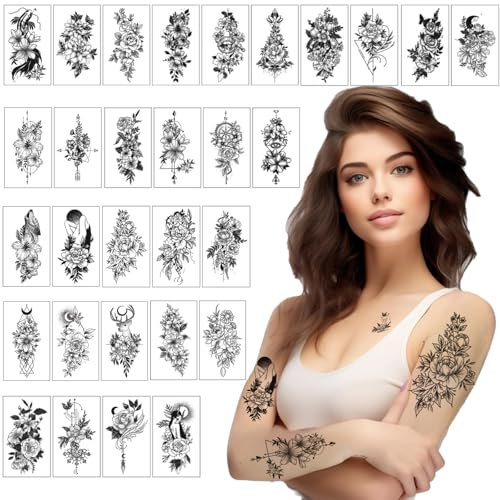 30 Sheets Flower Temporary Tattoos for Women & Girls - Waterproof Realistic Rose, Orchid & Tiny Branch Sketch Fake Tattoos for Body Art - Arm, Neck, Hand - Halloween Makeup Stickers (4Inch)