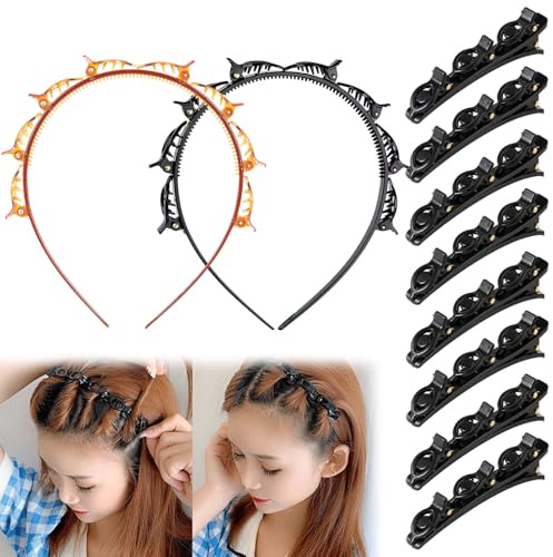 SSKHE Lot de 2 bandeaux double couche avec 8 pinces à cheveux tressées. Bandeaux à frange et accessoires de coiffure élégants pour femmes et filles, parfaits pour des coiffures stylées et sécurisées