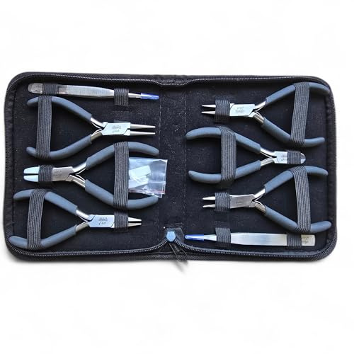 PTL Juego de alicates para hacer joyas, 8 piezas, mandíbula de nailon y alicates de punta plana, herramientas de abalorios, funda con cremallera, ideas de regalo
