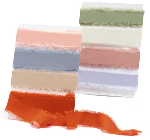 FAKILO Set di nastri in chiffon, 8 colori misti con bordo sfilacciato per inviti di nozze e bouquet da sposa, confezioni regalo, artigianato fai da te