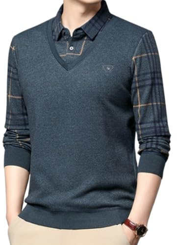 YWeiLiangSan Herren-Langarm-Oberteile mit Revers, zweiteiliges Strickhemd mit Revers, langärmelige Poloshirts (Medium,Green)