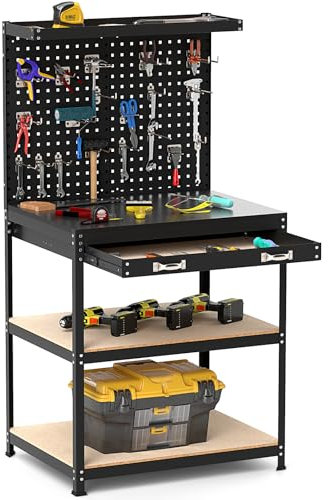 COSTWAY Workbench with Pegboard, Metal Garage Work Bench with Drawer, Shelves & 19 Hanging Accessories, Heavy Duty Tool Storage Workstation Unit for Workshop Warehouse, 290kg Capacity (Black)