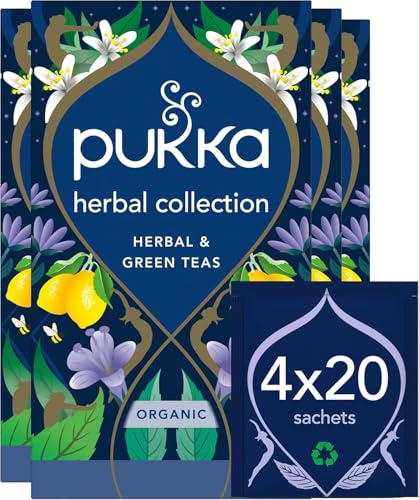 Pukka Herbs Organic Herbal & Green Tea Collection, 80 Teabags, 4 Flavours | For varietal blends, Lemon-ginger-honey, matcha, mint & night time, 20 sachets in each of 4 packs