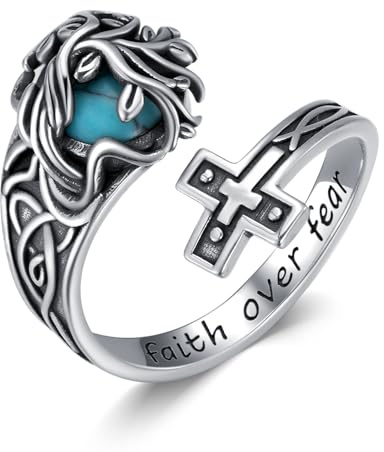 QHQPQ Turquoise Cross Ring Sterling Silver Faith Over Fear Spoon Ring Vintage Jewellery Birthday Gifts for Women Men