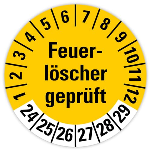 25x Prüfplaketten „Feuerlöscher geprüft 2024-2029 auf Bogen Folie, Gelb | Ø 20-30 mm Made in Germany, Größe: Ø 30 mm