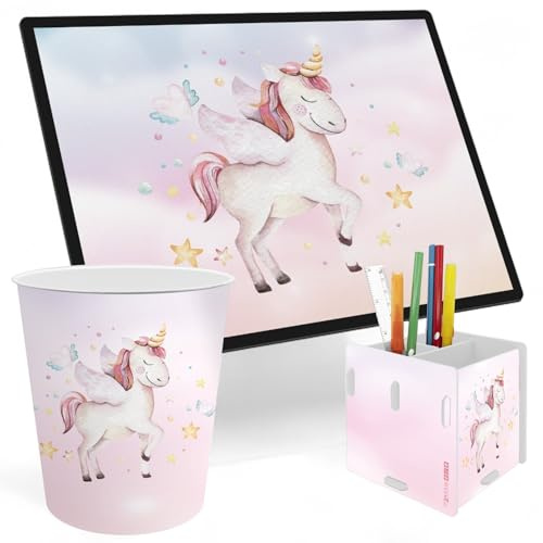 itenga SET Papierkorb Schreibunterlage und Stifteköcher mit Motiv - Papierkorb für Kinder mit Motiv - rund ca. 11 Liter passende Schreibtischunterlage und Schreibtisch Organizer (Motiv Einhorn)