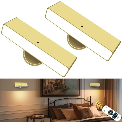 Toowell Battery Wall Lights Indoor Wireless Wall Sconces Set of 2,Gold | Magnetic Wall Lights Stick On Wall Light LED Rechargeable Cordless Wall Light for Reading Decorating Smbient Lighting