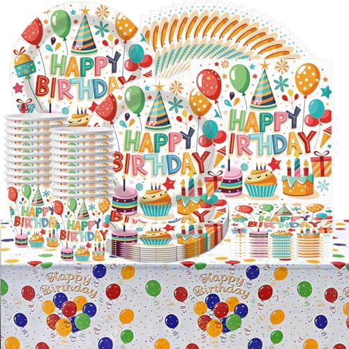 61 piezas Vajilla para fiesta de cumpleaños con tema de postre de globos de colores Happy birthday, vajilla para fiesta de cumpleaños infantil, incluye tazas, platos, manteles y servilletas
