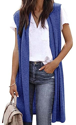 Gilet da donna, lungo, leggero, senza maniche, da donna, elegante, sottile, aperto, senza maniche, cardigan, cardigan, cardigan, cardigan, tinta unita
