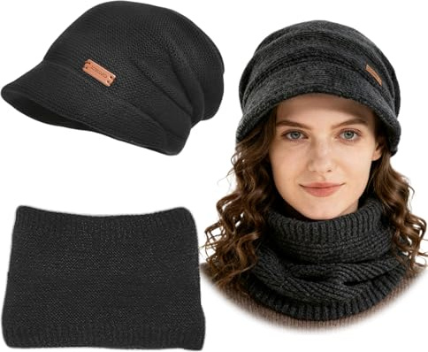 exatta Mütze Damen Wintermütze Strickmütze mit Schal Beanie Mütze Damen Warme Winter Herbst Schal und Mütze Set, Fleece Hüte für mit Krempe Baskenmütze für Outdoor