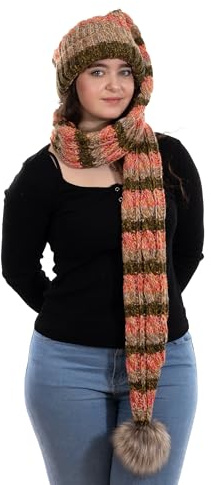 Birendy XXL Beanie AA Mütze, Zipfelmütze inklusive Schal, Pudelmütze, Wintermütze mit großer Fellbommel aus Fellimitat. Extra Lang mit weichem Fleece abgefüttert