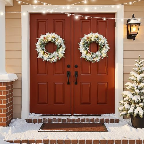 Bonnlo 2 Packs Christmas Wreaths for Front Door, 18in/45cm | Snow Flocked Christmas Door Wreaths with Lights, Red Berries Pine Cones
