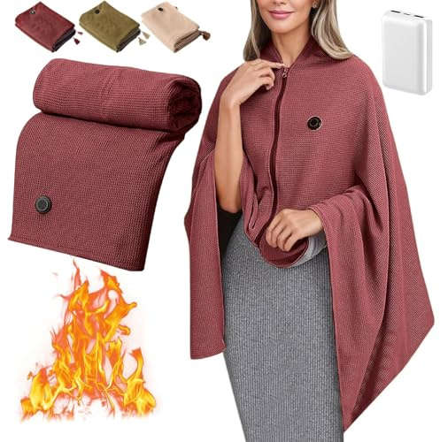 Heated Shawl Wraps for Women, 2026 Upgrade Portable Heated Blanket, Soft Zipper Electric Body Warming Robe, Wearable Shawl Heating Scarf with 3 Heating Levels (Red+Power Bank)
