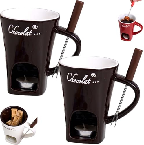 Meltie Cup, Chocolate Fondue Mugs with Forks, Chocolate Melting Mug, Mini Fondue Set, Fondue Mug Set, Tealight Candle Mini Simmer Mug for Cheese, Caramel, Tapas(Black*2)