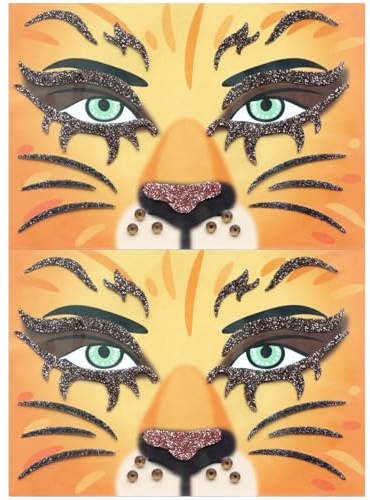 Gleevio Löwe Tattoo Gesicht,2 Stück Gesichtstattoo Karneval,Löwe Schminke Face Art Sticker,Glitzer Tattoo Gesicht Karneval,Temporäre Tattoos,Gesichtstattoo für Fasching, Face Sticker, Motto Party