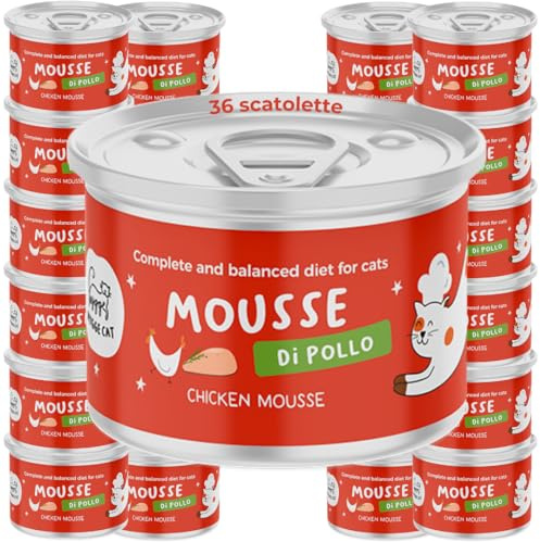 Mousse de pollo | Comida húmeda para gatos adultos | Alimento completo con ingredientes naturales | Sin cereales | Rico en proteínas y vitaminas | 36 x 85 g Made in Italy | Hygge