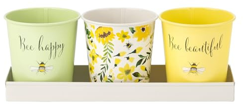 Maison & White M&W Bee Happy Set of 3 Indoor Plant Pots with Tray – Decorative Planter Set, Bee Beautiful Floral Design, Yellow & Green Garden Pots for Herbs, Succulents & Small Plants