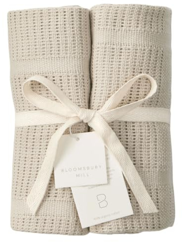 Bloomsbury Mill - Zelluläre Decken für Babys, 100 % Bio-Baumwolle, 2er-Pack, Haferbeige – weiche, atmungsaktive Babydecke für Neugeborene, 75 x 95 cm