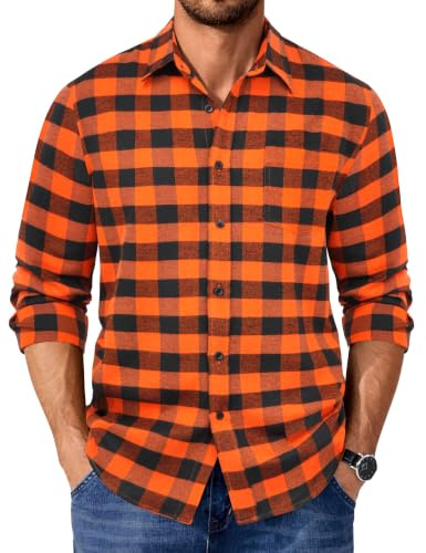 COOFANDY Karoskjorta Herr Långärm Flanell Overshirt, Svart och orange, L
