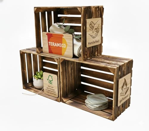 Teramico Geflammte Holzkisten im Set-Angebot: Originale, vintage Obstkisten Apfelkisten aus dem alten Land zum Möbelbau oder Dekoration mit den Maßen 50 x 40 x 30cm (3er Set)