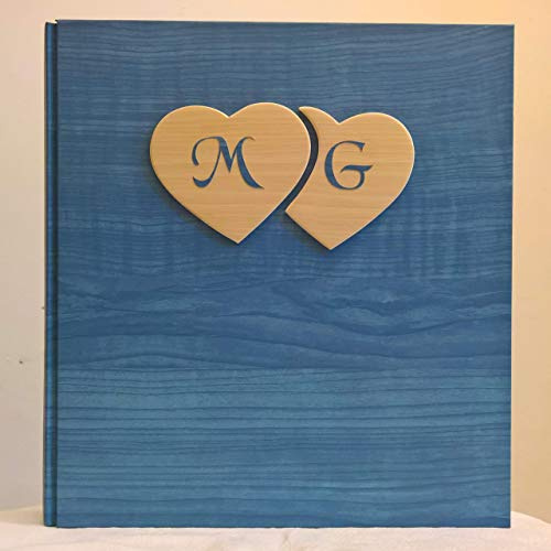 Album fotografico innamorati carta effetto legno blu + cuori legno e iniziali personalizzabili regalo wedding, nozze, anniversario, matrimonio, san valentino legnoegrafite