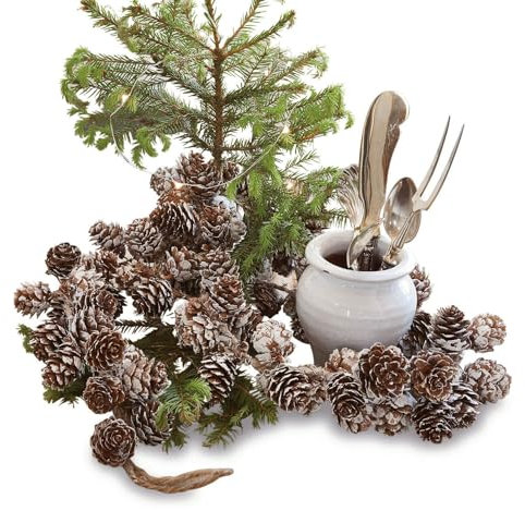 Loberon Tannengirlande Jacci, echte Zapfen, mit Schnee-Finish, Weihnachtstischdeko, Weihnachtsdekoration, Weihnachten, Tannenzapfen, Hanf, braun