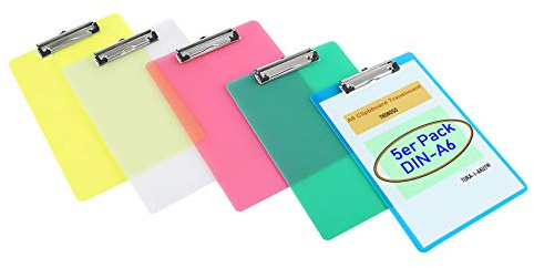 5er Klemmbrett A6 mit gummierter Metalklemme, Schreibbrett DIN A6 mit Aufhängeose, Pad Halter Clipboard - Transparent Kunststoff - 5er Schreibblock Set in 5 Farben - TKD8050