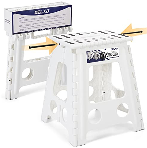 Delxo 16” Folding Step Stool in White,1 Pack Premium Heavy Duty Foldable Foot Stool for Adults,Portable Collapsible Plastic Step Stool,Non Slip Folding Stools for Kitchen Bathroom Bedroom Up to 400LBS