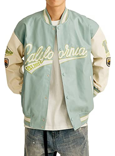 ORANDESIGNE Chaqueta de Béisbol Varsity Hombre Chaqueta de Bombardero Chaqueta de Piel Chaqueta de Béisbol Recortada para Mujer Abrigo de Bombardero con Bolsillos Y2k Streetwear G Azul L
