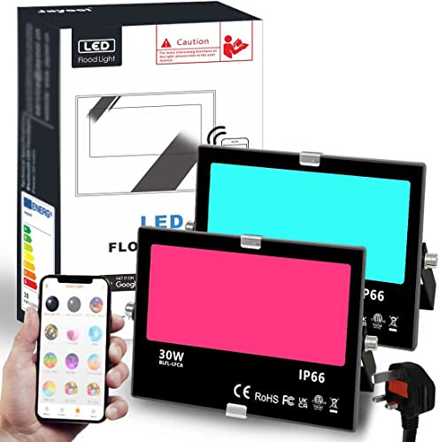 Jayool LED Floodlight Outdoor 300W Equivalent 3000LM, Smart RGB Flood Lights with APP, Colour Changing - Warm White 2700K - Timing - Scene- IP 66, UK 3-Plug, 2 Pack