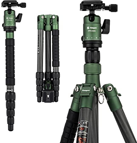 Fotopro 150CM Trépied de Voyage en Fibre de Carbone, Trépied Compact pour Appareil Photo avec Rotule, Monopode Détachable avec Plaque de Dégagement Rapide et Sac, Capacité de Charge Jusqu'à 8KG